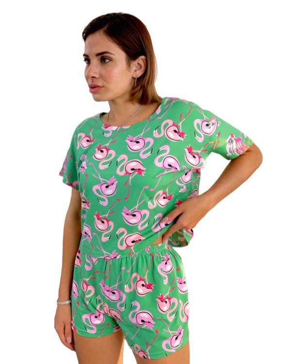 Піжама шорти + футболка "Flamingo" зелена