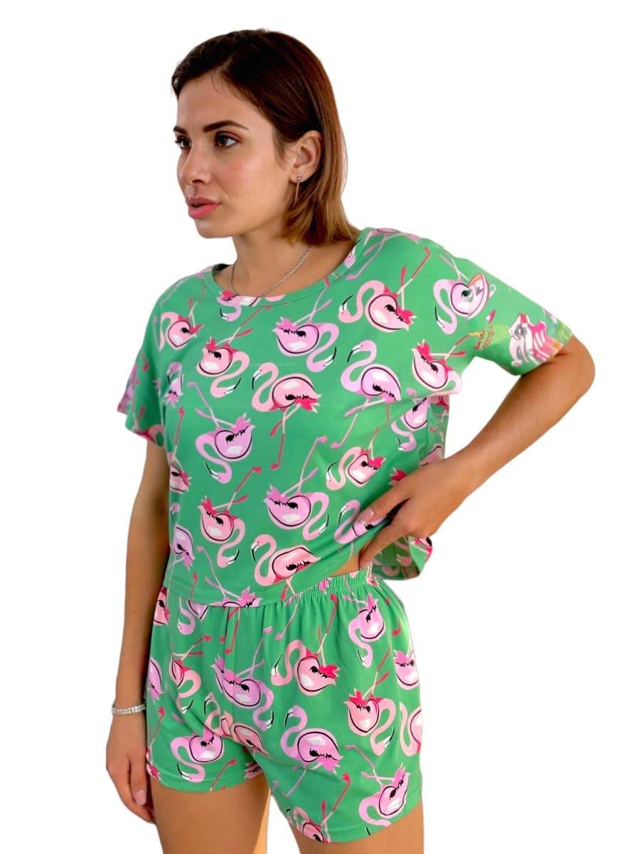 Піжама шорти + футболка "Flamingo" зелена