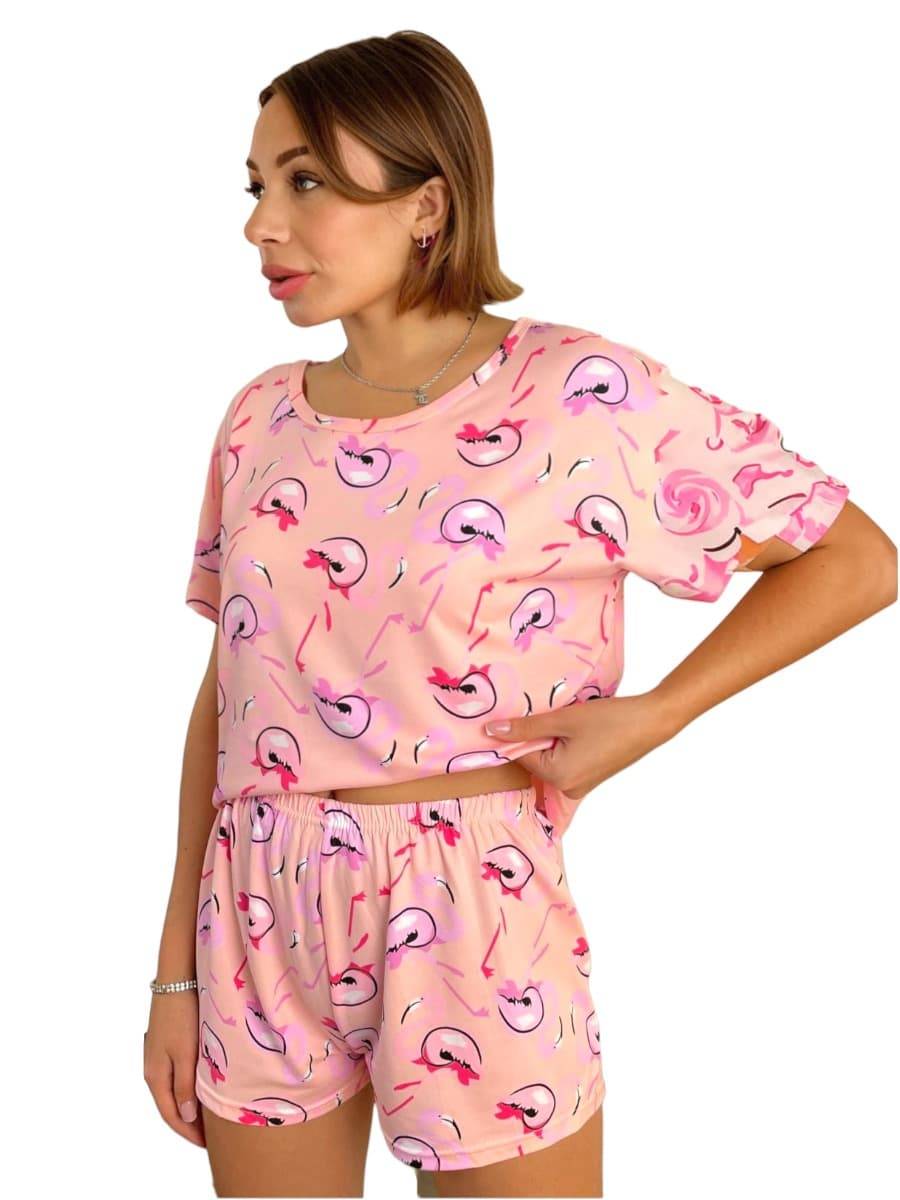 Піжама шорти + футболка "Flamingo" розова